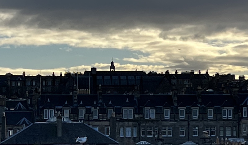 An edinburgh roofscape with the bell tower of Bruntsfield primary school in the background