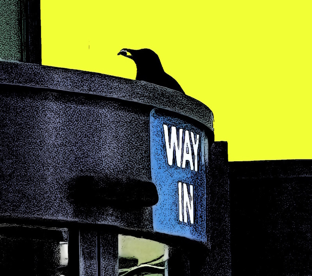 S crow with something in its beak on top of the main enterance of Boroughmuir high school